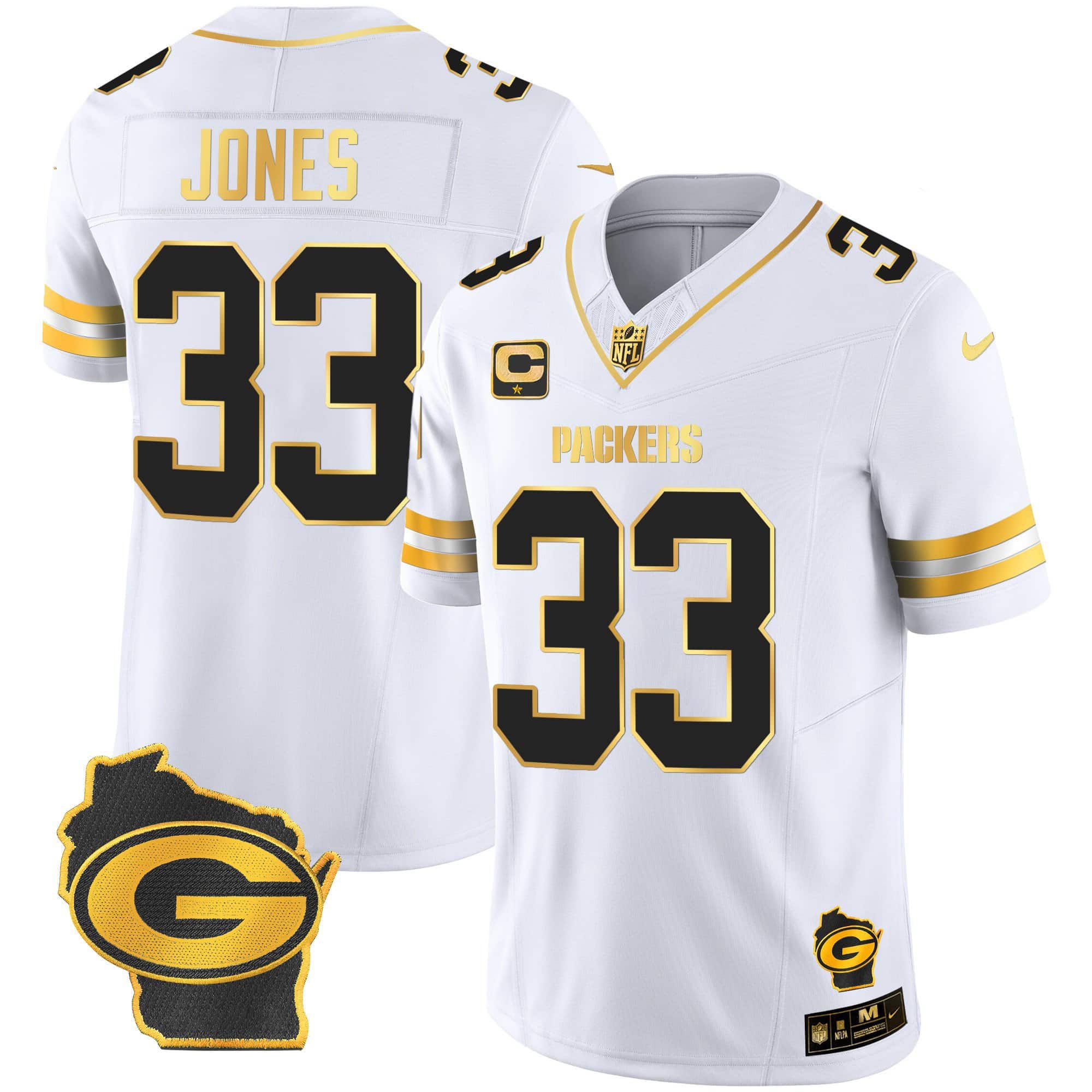 Men Green Bay Packers #33 Jones White Gold 2024 Nike Home Patch Vapor NFL Jersey